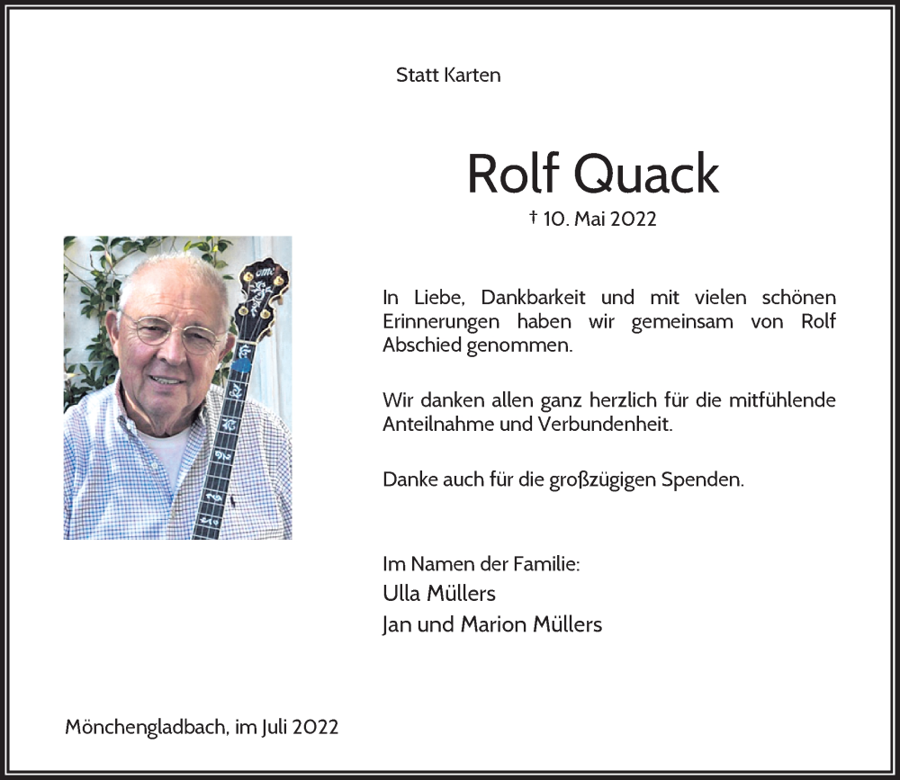  Traueranzeige für Rolf Quack vom 16.07.2022 aus Rheinische Post