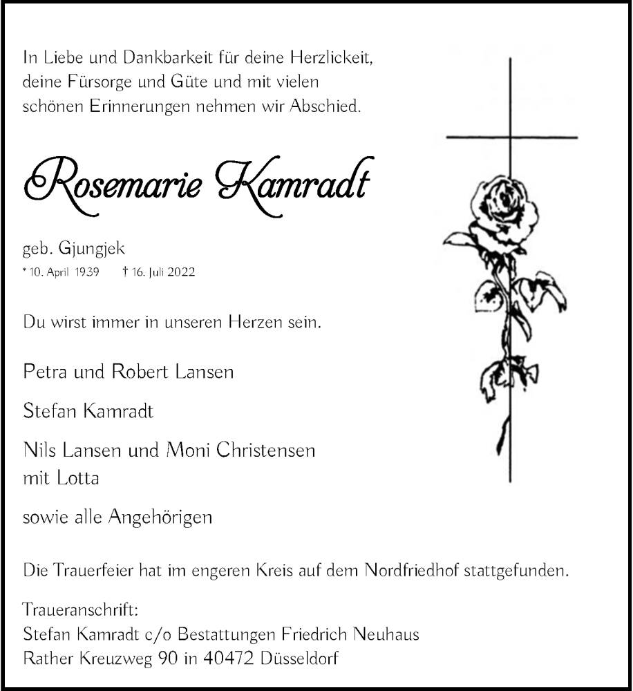  Traueranzeige für Rosemarie Kamradt vom 13.08.2022 aus Rheinische Post