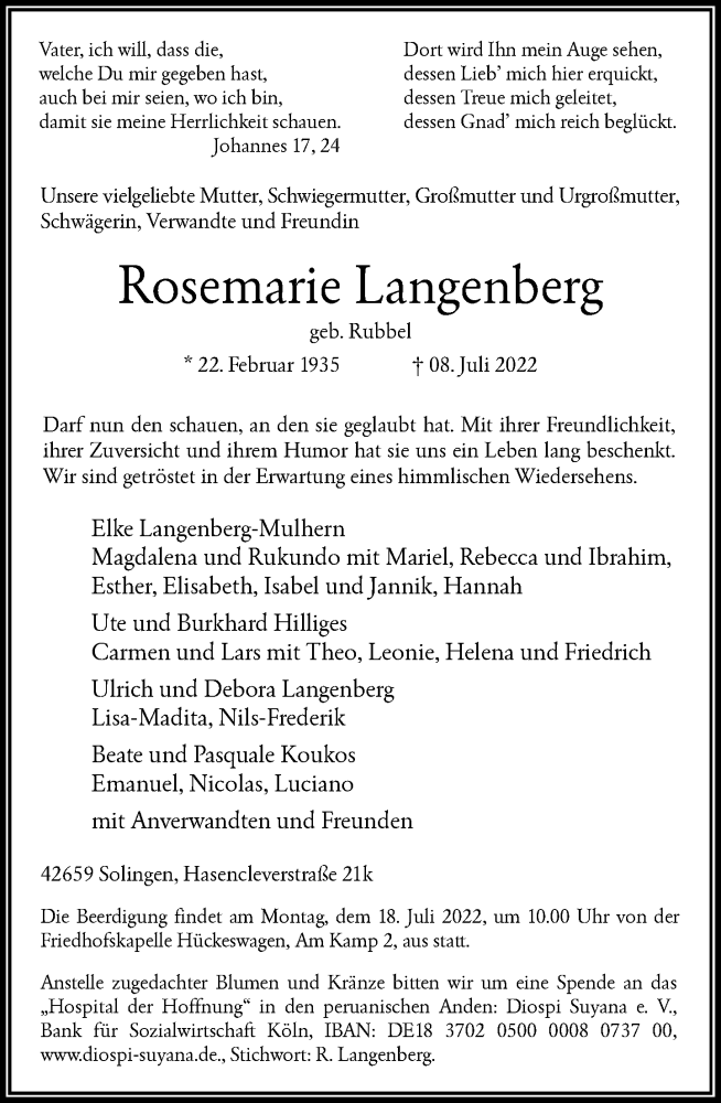  Traueranzeige für Rosemarie Langenberg vom 13.07.2022 aus Rheinische Post