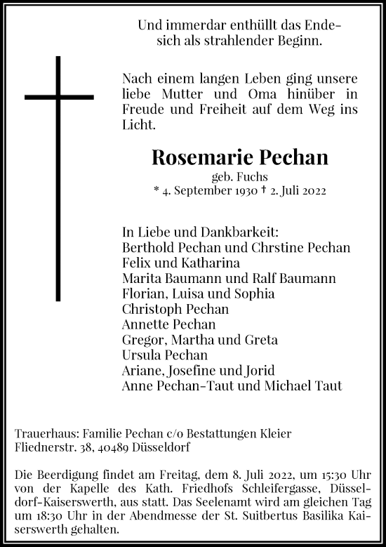 Traueranzeige von Rosemarie Pechan von Rheinische Post