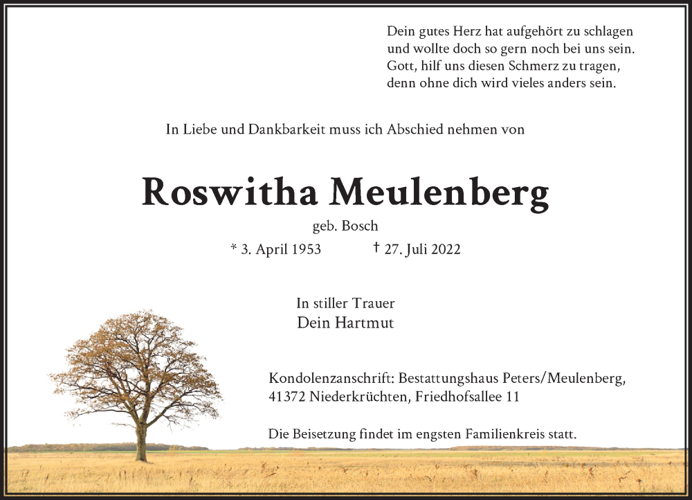  Traueranzeige für Roswitha Meulenberg vom 30.07.2022 aus Rheinische Post