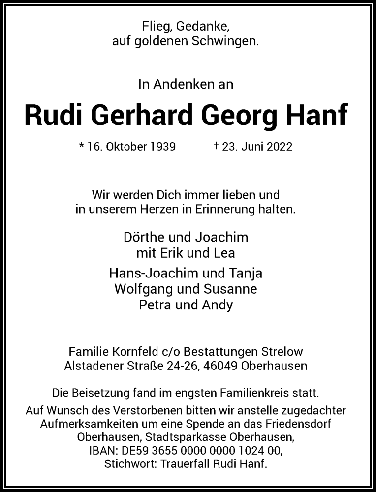  Traueranzeige für Rudi Gerhard Georg Hanf vom 09.07.2022 aus Rheinische Post