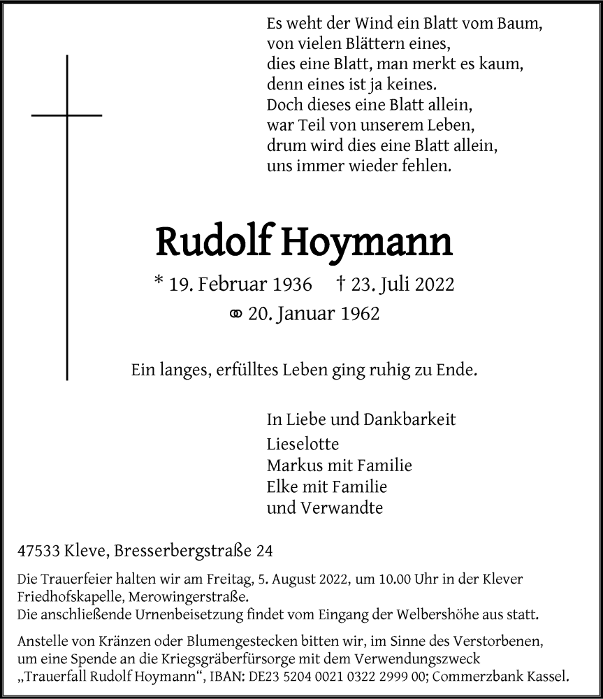  Traueranzeige für Rudolf Hoymann vom 30.07.2022 aus Rheinische Post