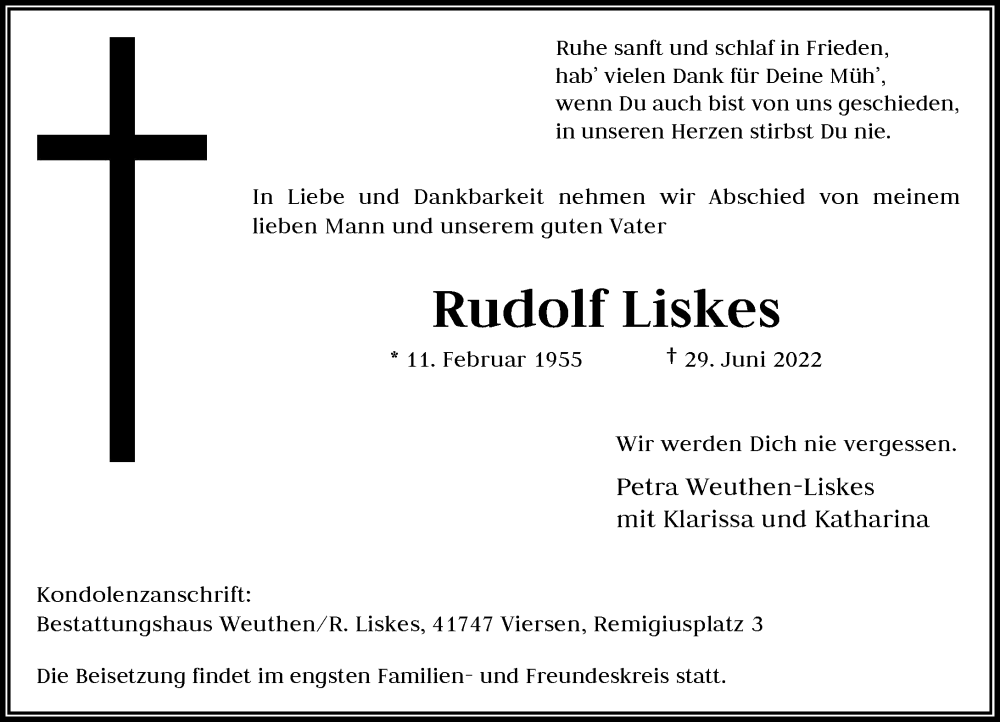  Traueranzeige für Rudolf Liskes vom 02.07.2022 aus Rheinische Post