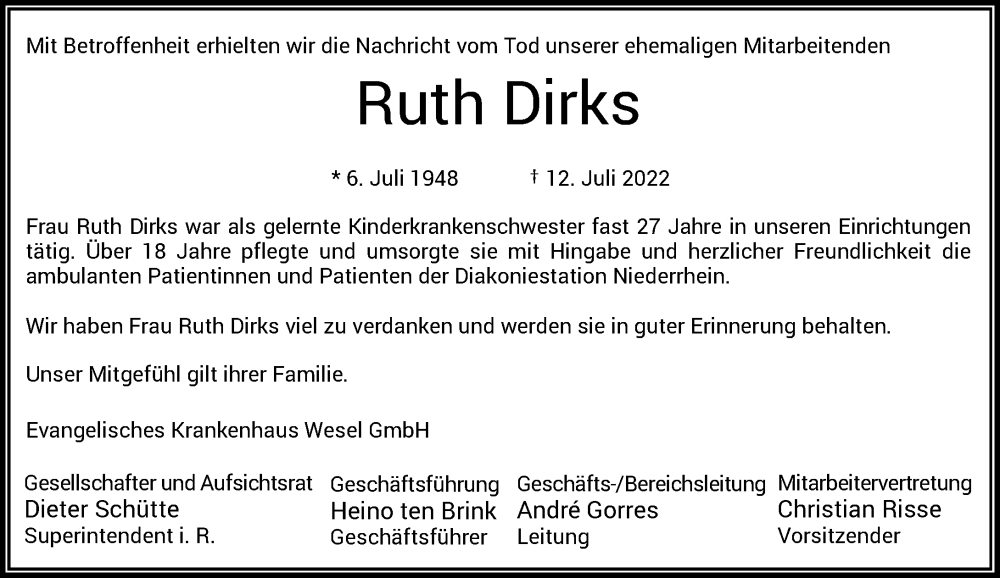  Traueranzeige für Ruth Dirks vom 20.07.2022 aus Rheinische Post