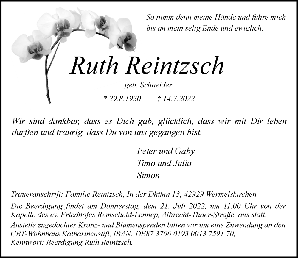  Traueranzeige für Ruth Reintzsch vom 19.07.2022 aus Rheinische Post