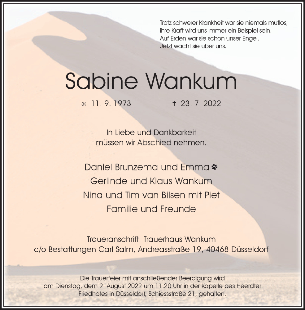  Traueranzeige für Sabine Wankum vom 30.07.2022 aus Rheinische Post