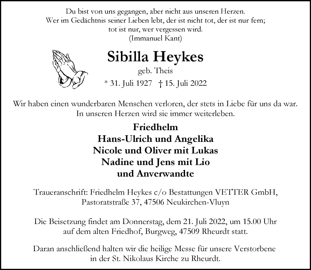  Traueranzeige für Sibilla Heykes vom 19.07.2022 aus Rheinische Post