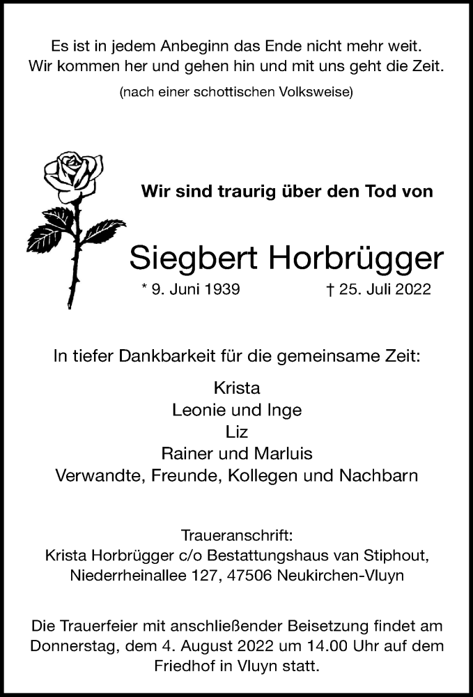  Traueranzeige für Siegbert Horbrügger vom 30.07.2022 aus Rheinische Post