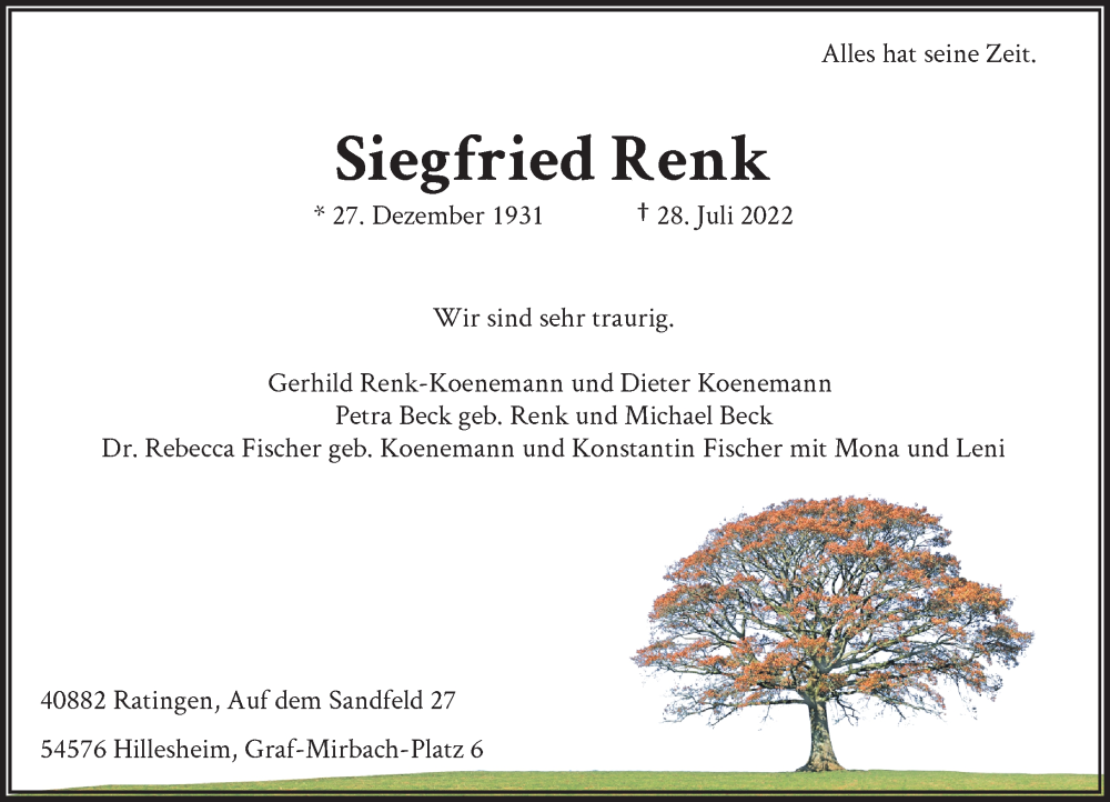  Traueranzeige für Siegfried Renk vom 30.07.2022 aus Rheinische Post