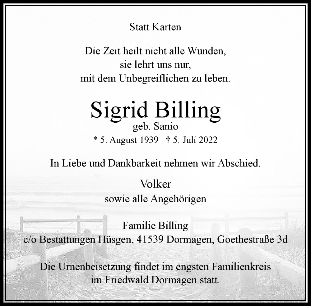  Traueranzeige für Sigrid Billing vom 23.07.2022 aus Rheinische Post