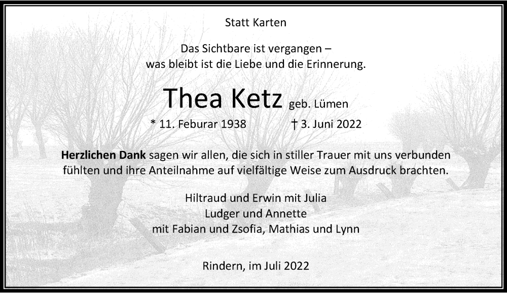  Traueranzeige für Thea Ketz vom 23.07.2022 aus Rheinische Post