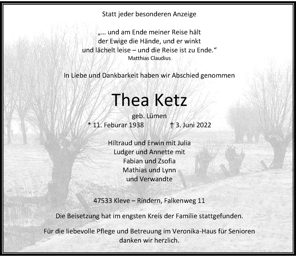  Traueranzeige für Thea Ketz vom 02.07.2022 aus Rheinische Post