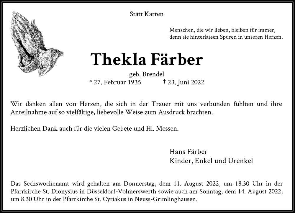  Traueranzeige für Thekla Färber vom 06.08.2022 aus Rheinische Post