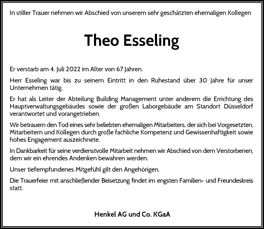  Traueranzeige für Theo Esseling vom 30.07.2022 aus Rheinische Post