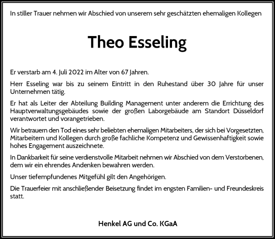 Traueranzeige von Theo Esseling von Rheinische Post