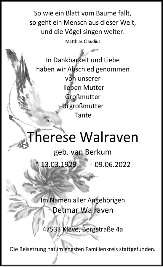 Traueranzeige von Therese Walraven von Rheinische Post