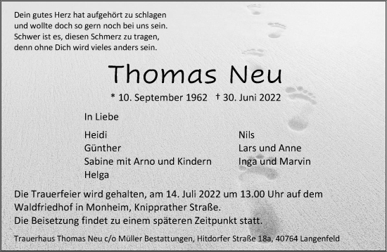 Traueranzeige von Thomas Neu von Rheinische Post