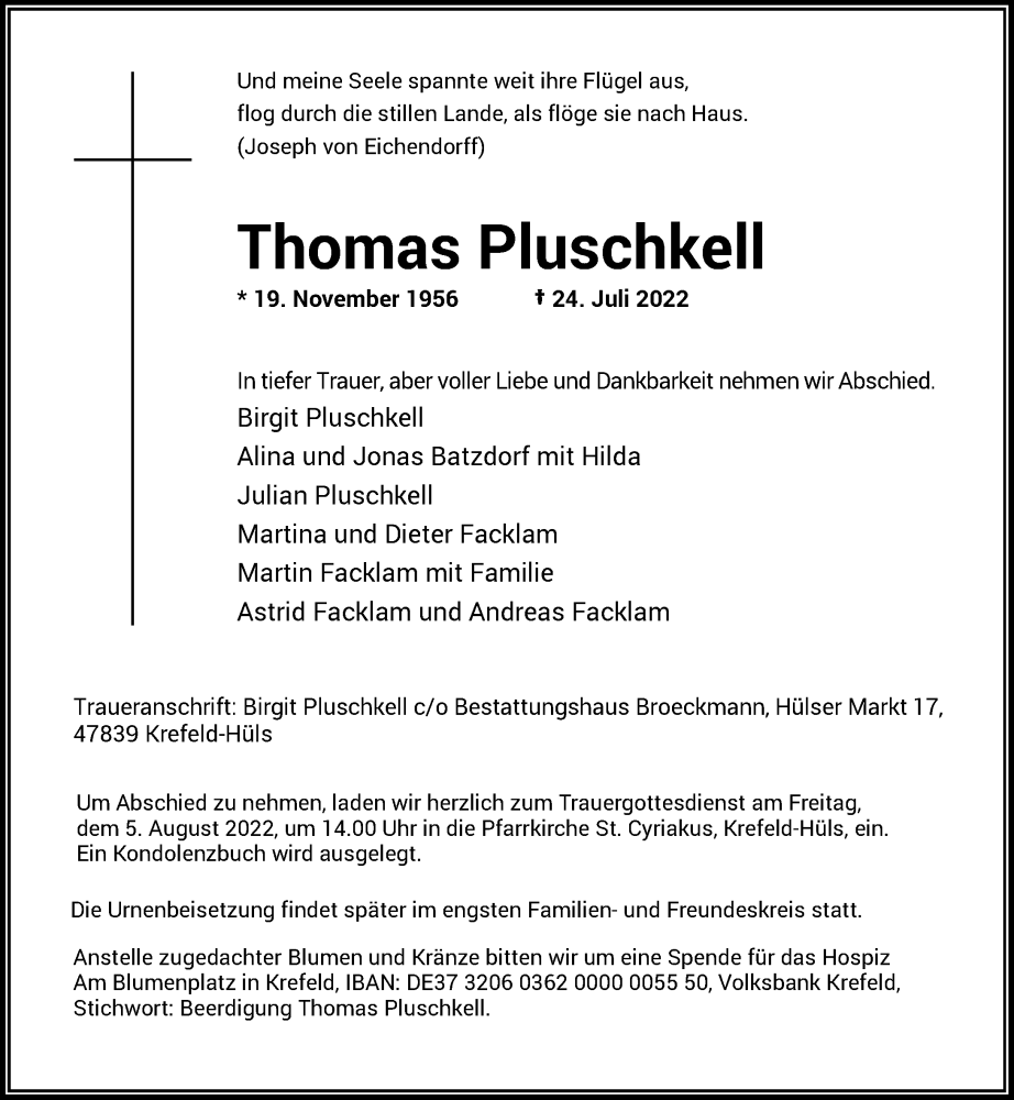  Traueranzeige für Thomas Pluschkell vom 30.07.2022 aus Rheinische Post