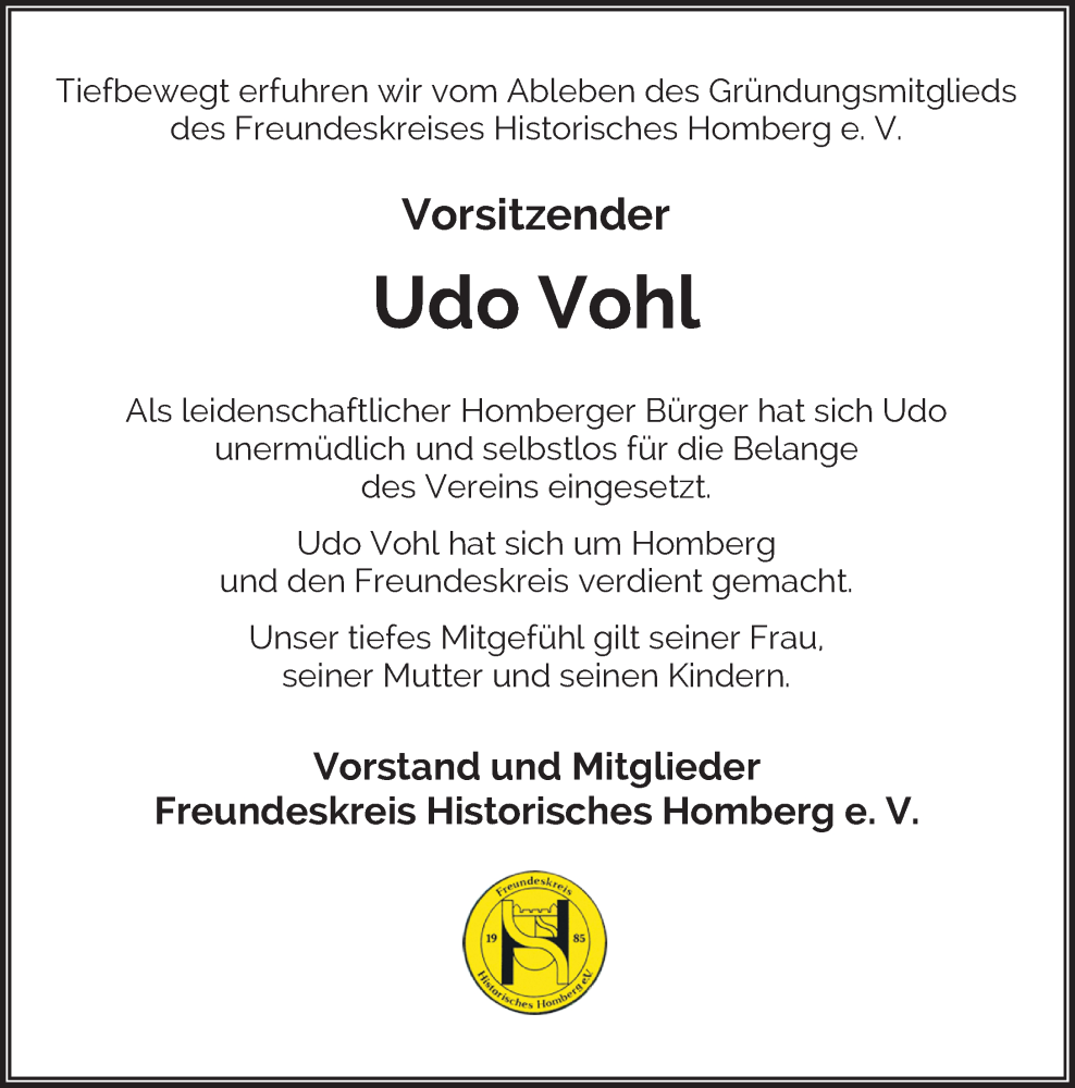  Traueranzeige für Udo Vohl vom 09.07.2022 aus Rheinische Post