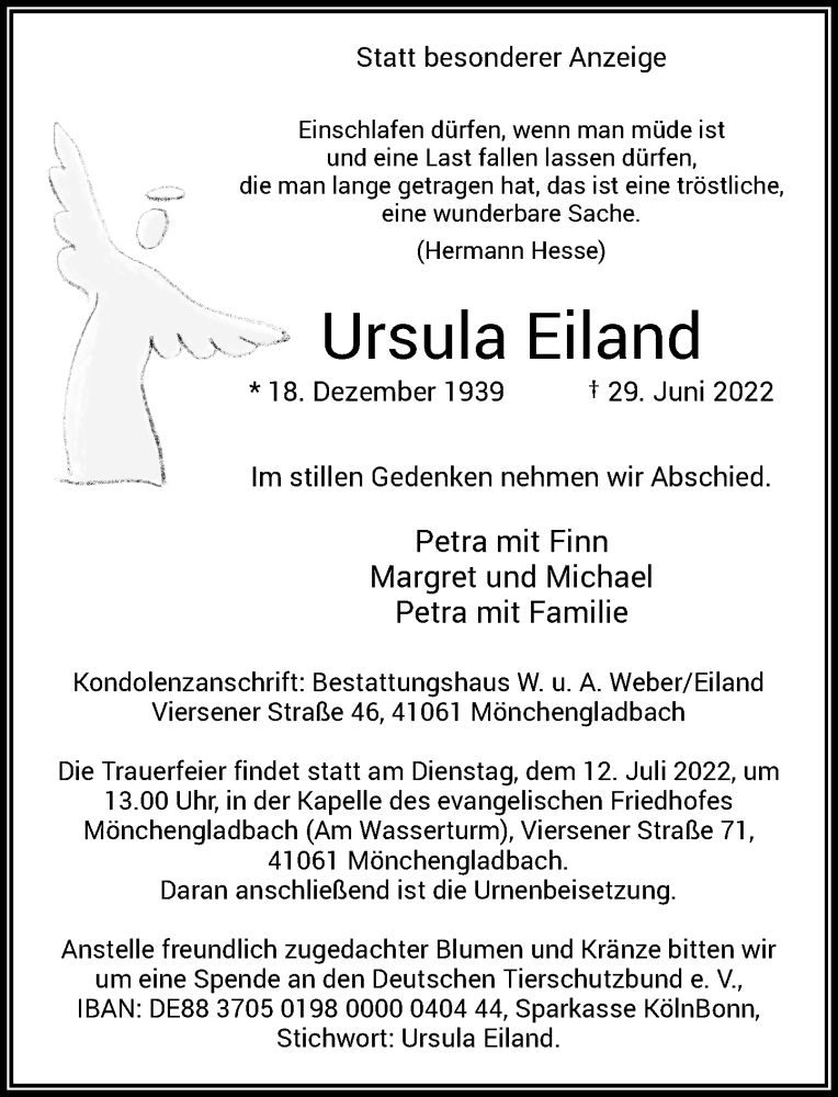  Traueranzeige für Ursula Eiland vom 09.07.2022 aus Rheinische Post