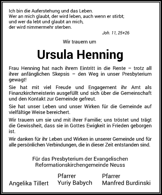 Traueranzeige von Ursula Henning von Rheinische Post