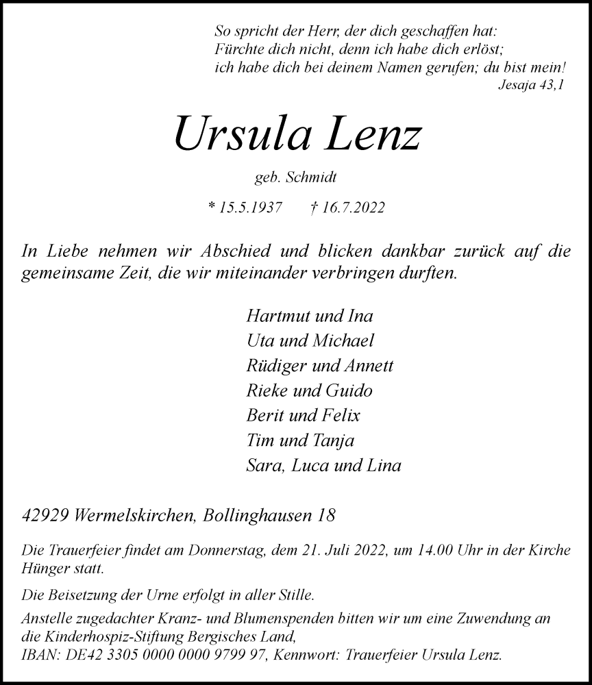  Traueranzeige für Ursula Lenz vom 19.07.2022 aus Rheinische Post