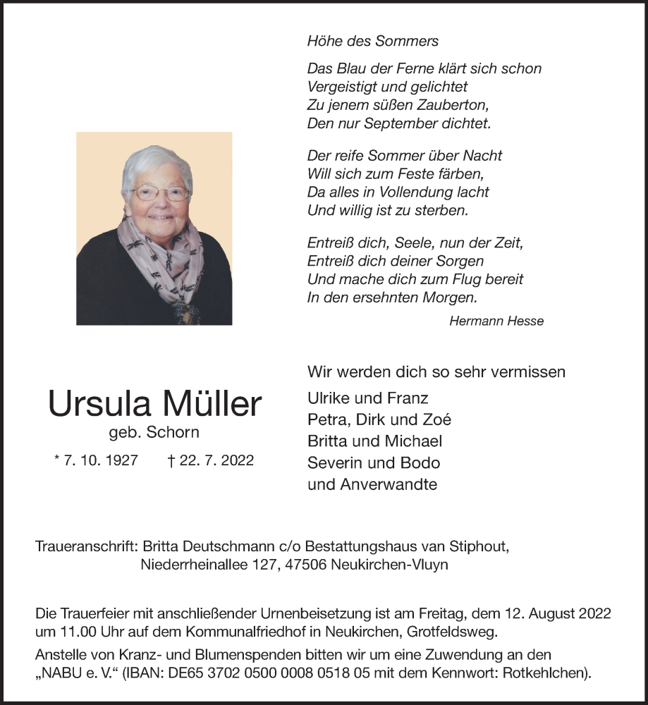  Traueranzeige für Ursula Müller vom 30.07.2022 aus Rheinische Post