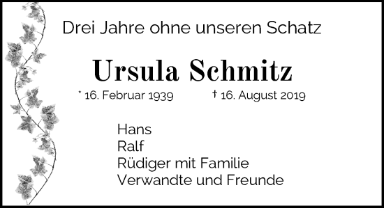 Traueranzeige von Ursula Schmitz von Rheinische Post