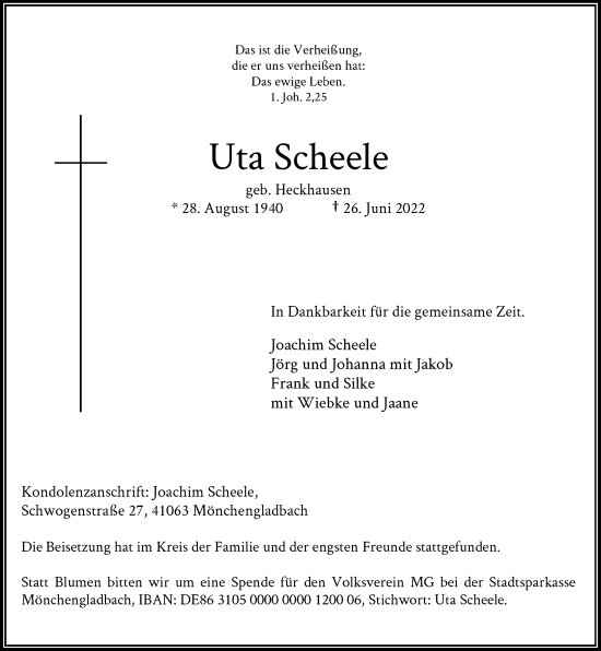 Traueranzeige von Uta Scheele von Rheinische Post