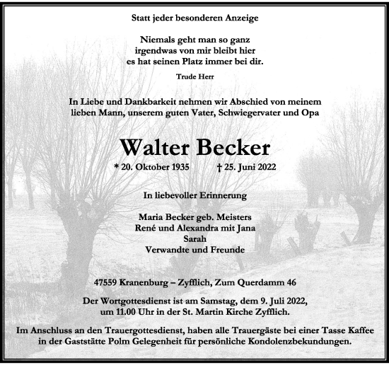 Traueranzeige von Walter Becker von Rheinische Post