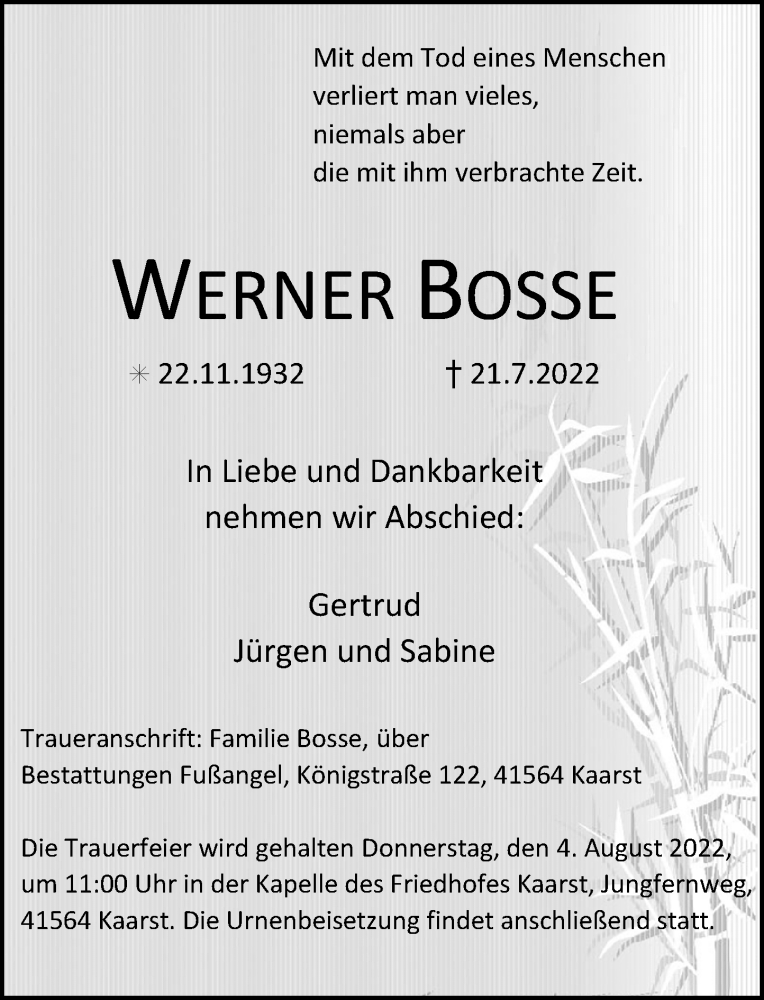  Traueranzeige für Werner Bosse vom 30.07.2022 aus Rheinische Post