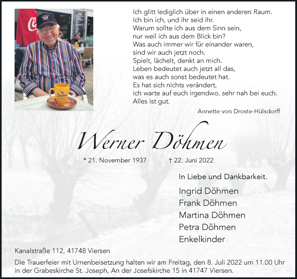  Traueranzeige für Werner Döhmen vom 02.07.2022 aus Rheinische Post