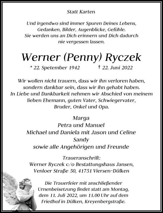 Traueranzeige von Werner Ryczek von Rheinische Post