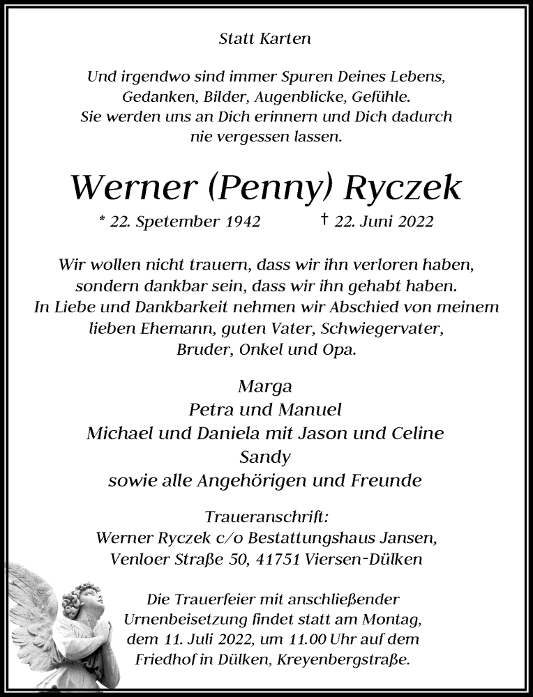  Traueranzeige für Werner Ryczek vom 02.07.2022 aus Rheinische Post