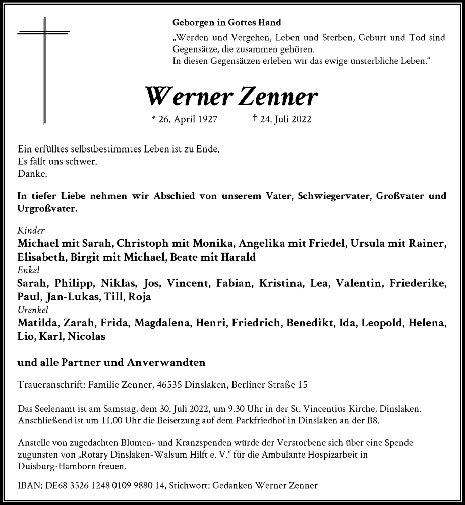  Traueranzeige für Werner Zenner vom 27.07.2022 aus Rheinische Post