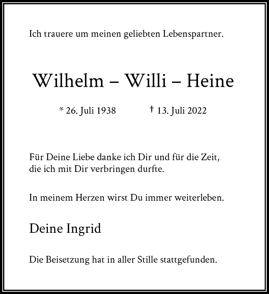  Traueranzeige für Wilhelm Heine vom 13.08.2022 aus Rheinische Post
