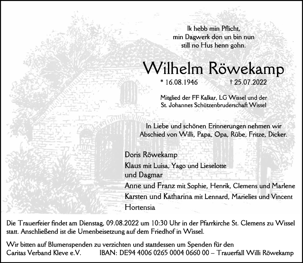  Traueranzeige für Wilhelm Röwekamp vom 30.07.2022 aus Rheinische Post