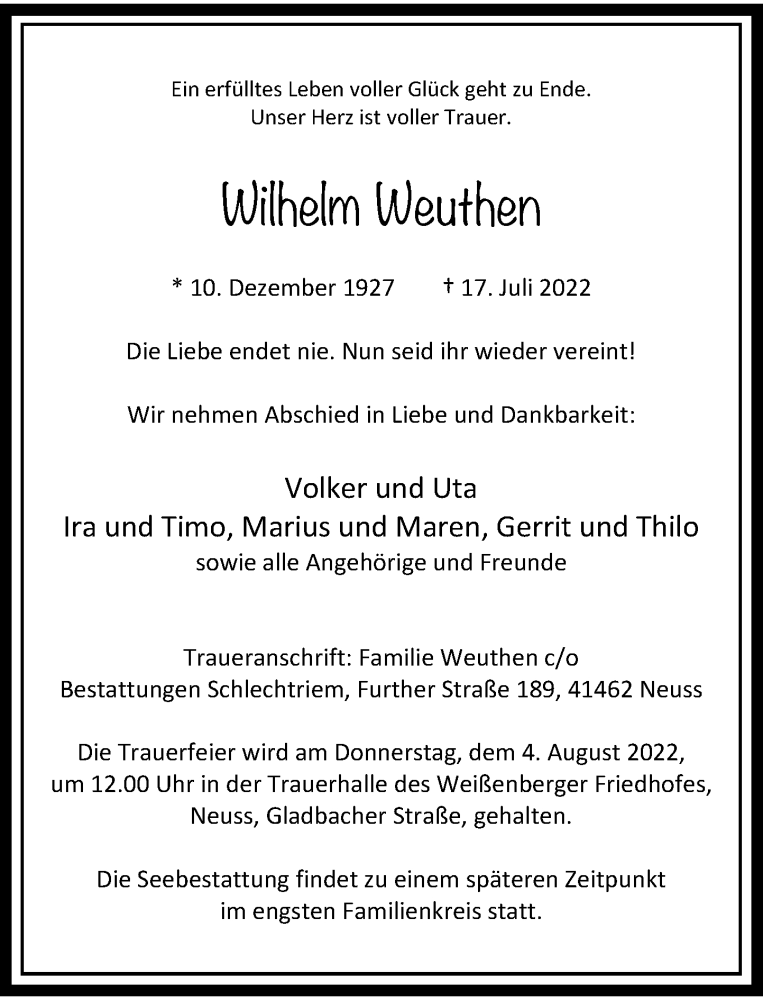  Traueranzeige für Wilhelm Weuthen vom 30.07.2022 aus Rheinische Post