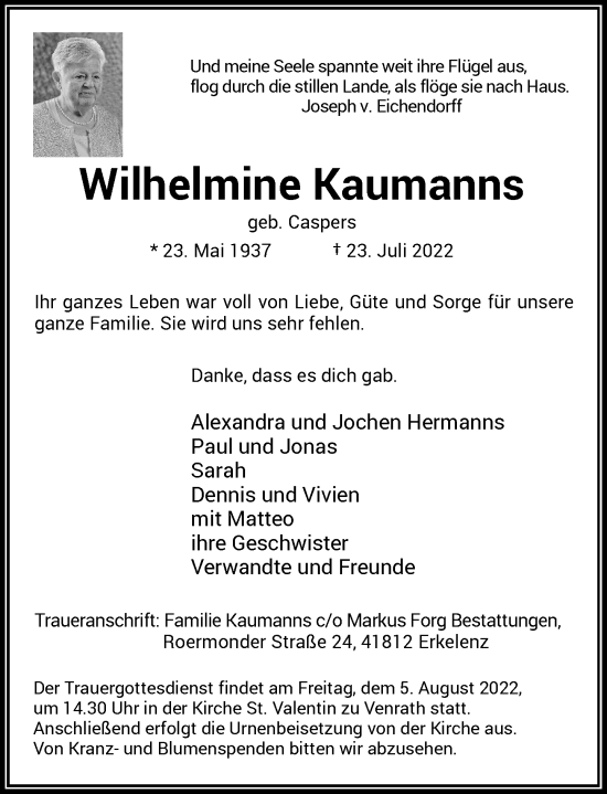 Traueranzeige von Wilhelmine Kaumanns von Rheinische Post