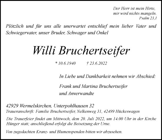 Traueranzeige von Willi Bruchertseifer von Rheinische Post