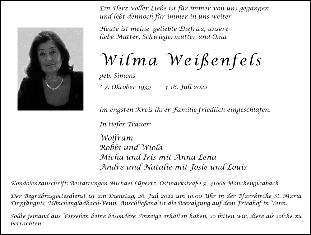  Traueranzeige für Wilma Weißenfels vom 23.07.2022 aus Rheinische Post