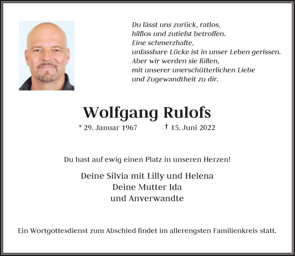  Traueranzeige für Wolfgang Rulofs vom 09.07.2022 aus Rheinische Post