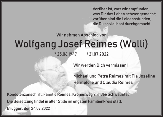 Traueranzeige von Wolfgang Josef Reimes von Rheinische Post