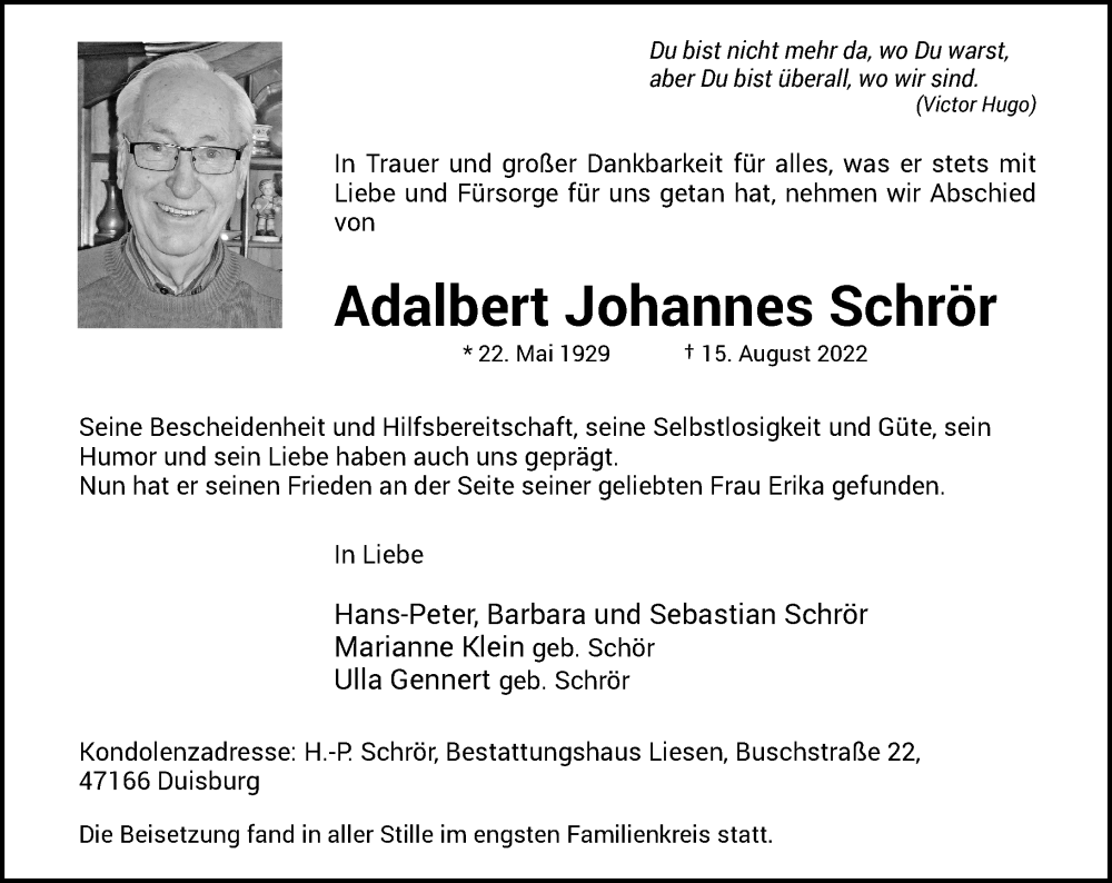  Traueranzeige für Adalbert Johannes Schrör vom 27.08.2022 aus Rheinische Post