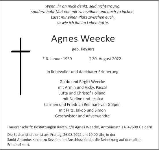 Traueranzeige von Agnes Weecke von Rheinische Post