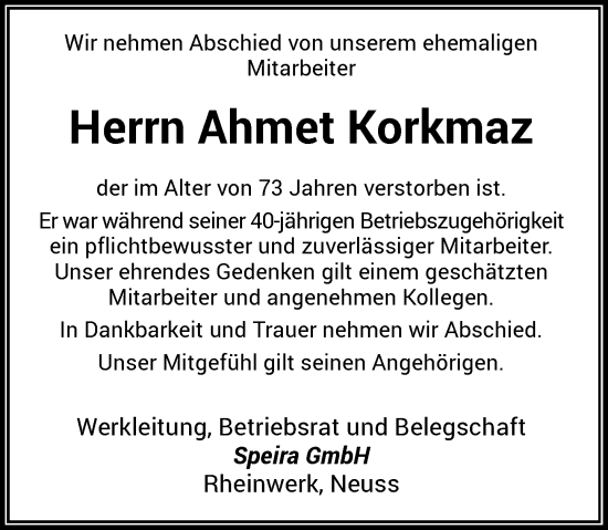 Traueranzeige von Ahmet Korkmaz von Rheinische Post