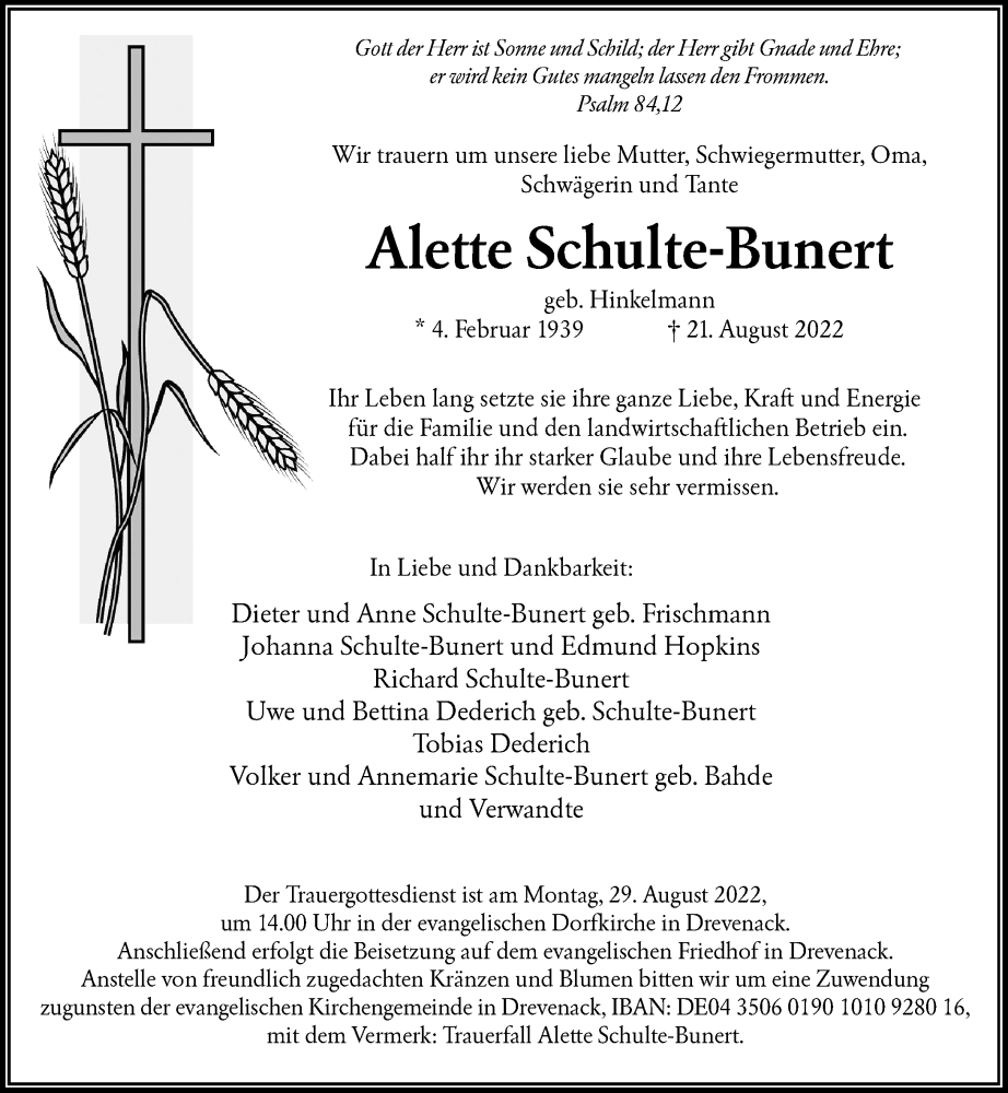  Traueranzeige für Alette Schulte-Bunert vom 27.08.2022 aus Rheinische Post