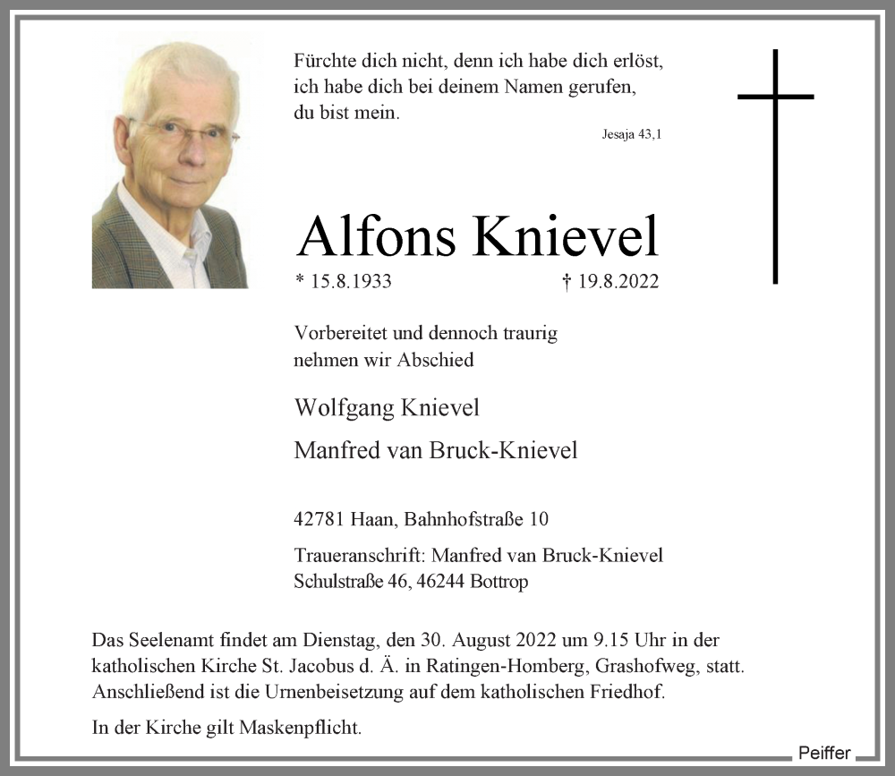  Traueranzeige für Alfons Knievel vom 27.08.2022 aus Rheinische Post