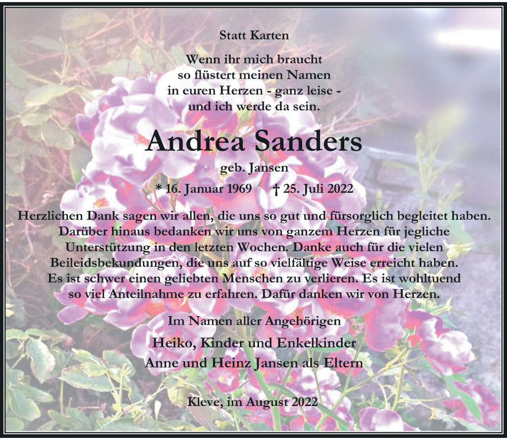  Traueranzeige für Andrea Sanders vom 27.08.2022 aus Rheinische Post